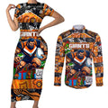 Custom Giants Rugby Merry Christmas Couples Matching Short Sleeve Bodycon Dress and Long Sleeve Button Shirt Indigenous Australian Art