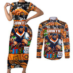 Custom Giants Rugby Merry Christmas Couples Matching Short Sleeve Bodycon Dress and Long Sleeve Button Shirt Indigenous Australian Art