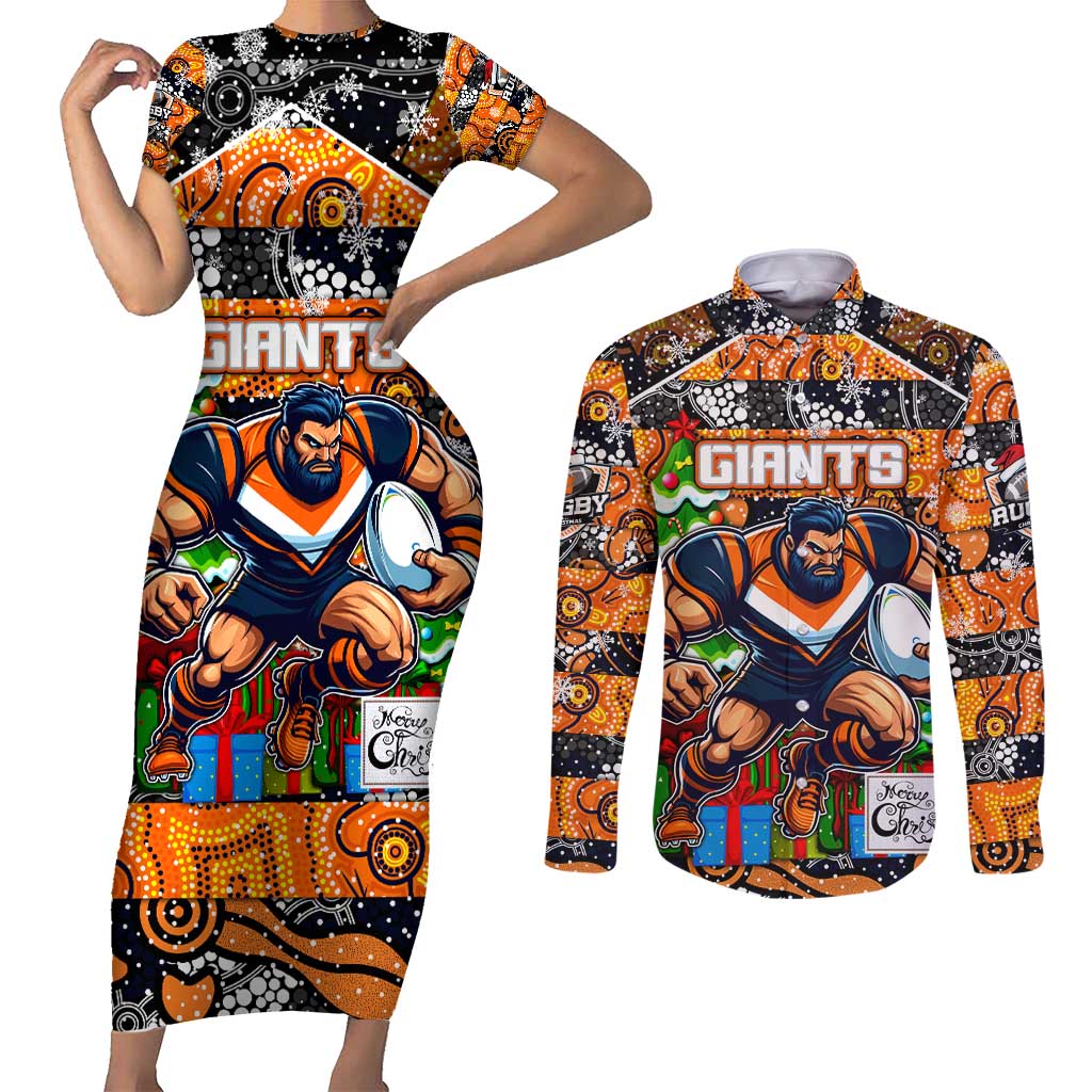 Custom Giants Rugby Merry Christmas Couples Matching Short Sleeve Bodycon Dress and Long Sleeve Button Shirt Indigenous Australian Art
