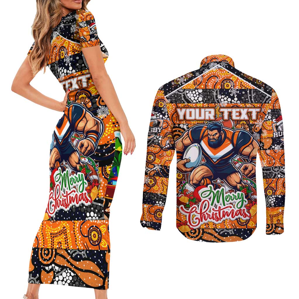 Custom Giants Rugby Merry Christmas Couples Matching Short Sleeve Bodycon Dress and Long Sleeve Button Shirt Indigenous Australian Art