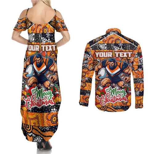 Custom Giants Rugby Merry Christmas Couples Matching Summer Maxi Dress and Long Sleeve Button Shirt Indigenous Australian Art
