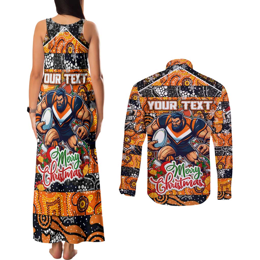 Custom Giants Rugby Merry Christmas Couples Matching Tank Maxi Dress and Long Sleeve Button Shirt Indigenous Australian Art