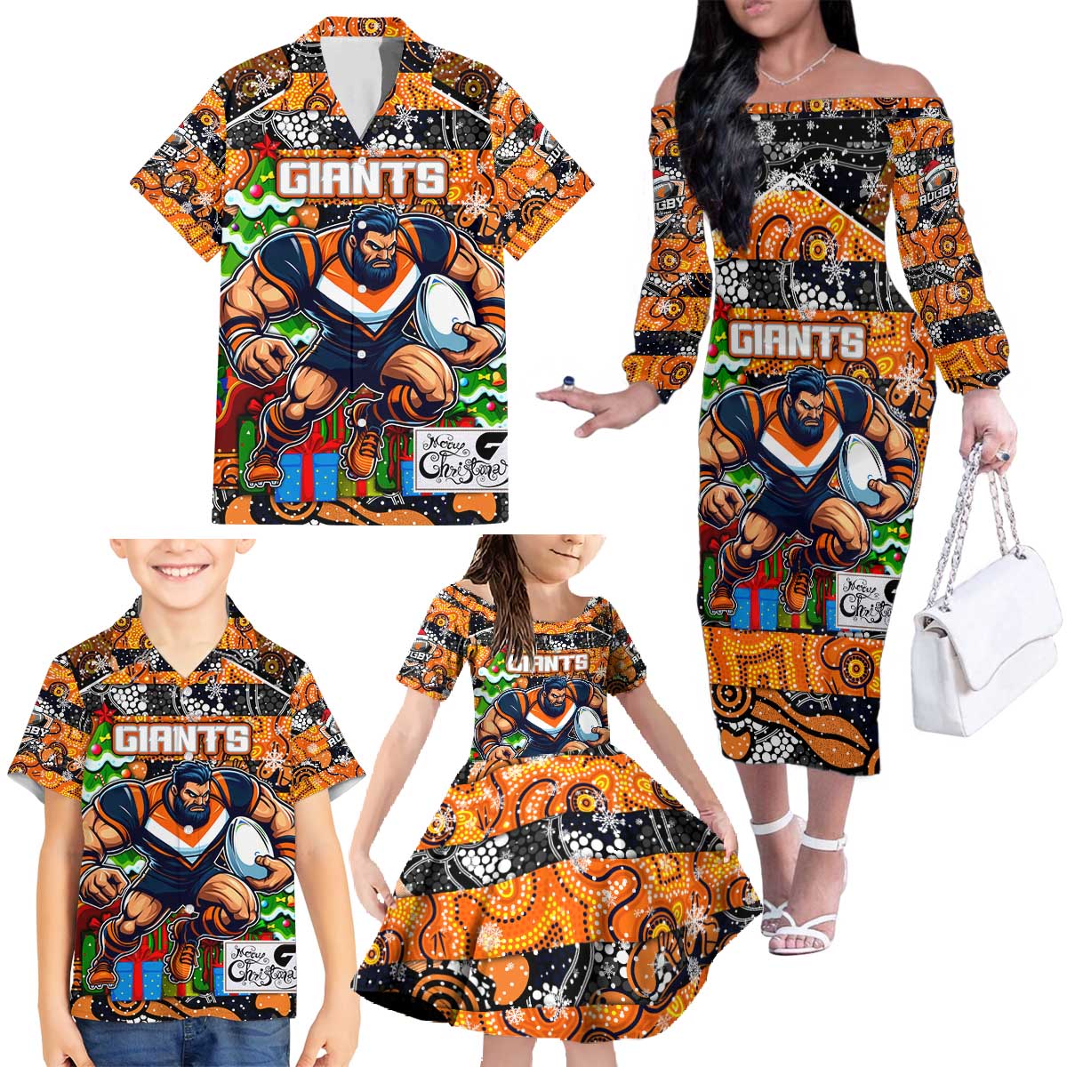 Custom Giants Rugby Merry Christmas Family Matching Off The Shoulder Long Sleeve Dress and Hawaiian Shirt Indigenous Australian Art