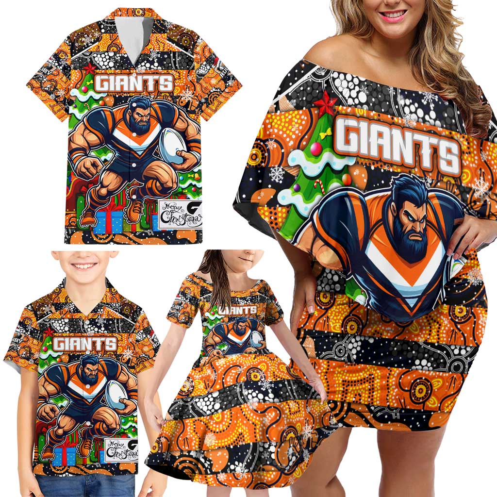 Custom Giants Rugby Merry Christmas Family Matching Off Shoulder Short Dress and Hawaiian Shirt Indigenous Australian Art