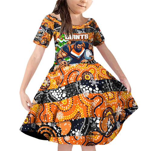 Custom Giants Rugby Merry Christmas Family Matching Off Shoulder Short Dress and Hawaiian Shirt Indigenous Australian Art