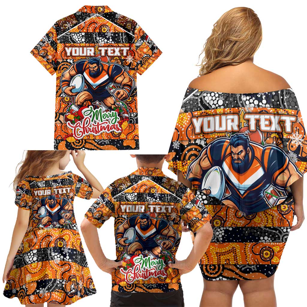 Custom Giants Rugby Merry Christmas Family Matching Off Shoulder Short Dress and Hawaiian Shirt Indigenous Australian Art