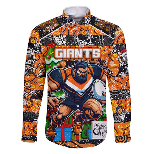 Custom Giants Rugby Merry Christmas Family Matching Off Shoulder Short Dress and Hawaiian Shirt Indigenous Australian Art