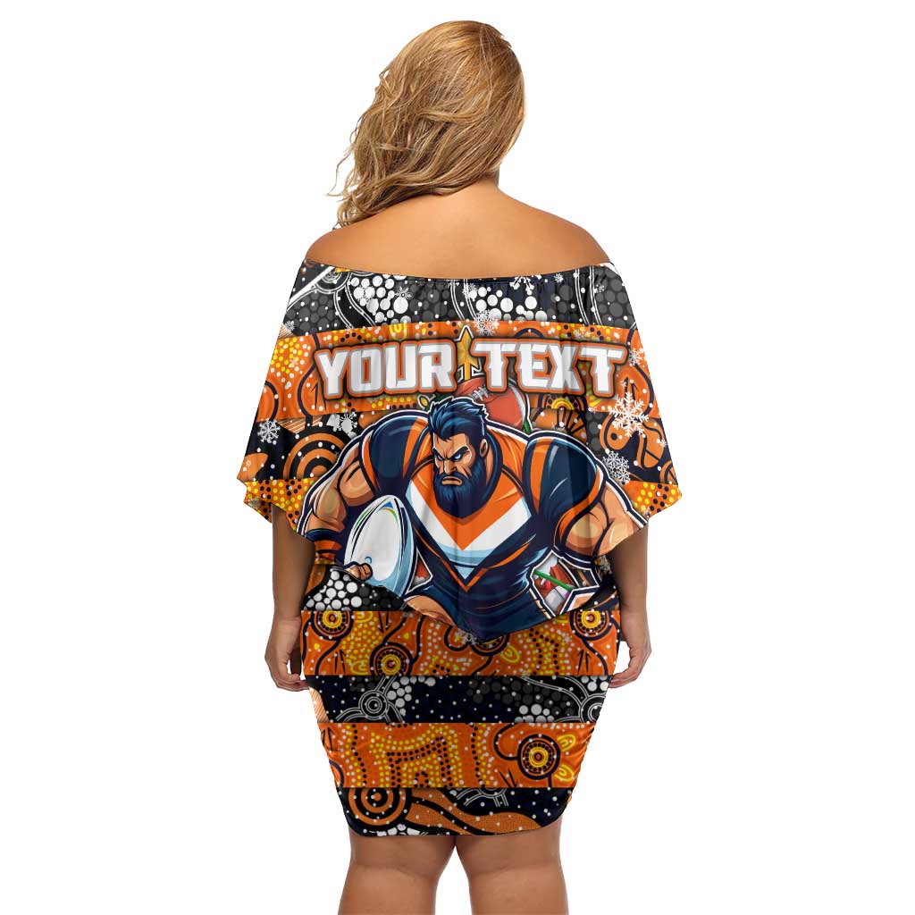 Custom Giants Rugby Merry Christmas Family Matching Off Shoulder Short Dress and Hawaiian Shirt Indigenous Australian Art