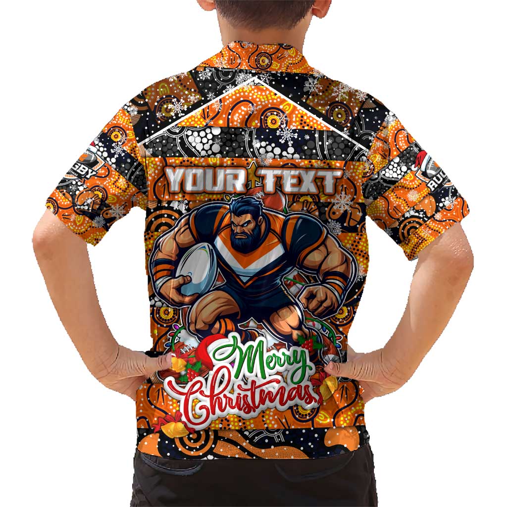 Custom Giants Rugby Merry Christmas Family Matching Short Sleeve Bodycon Dress and Hawaiian Shirt Indigenous Australian Art