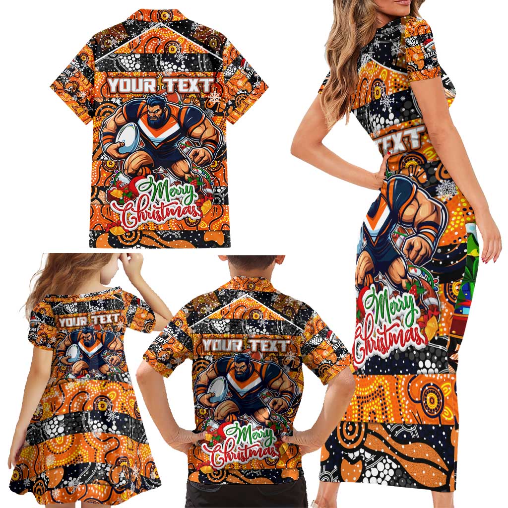 Custom Giants Rugby Merry Christmas Family Matching Short Sleeve Bodycon Dress and Hawaiian Shirt Indigenous Australian Art