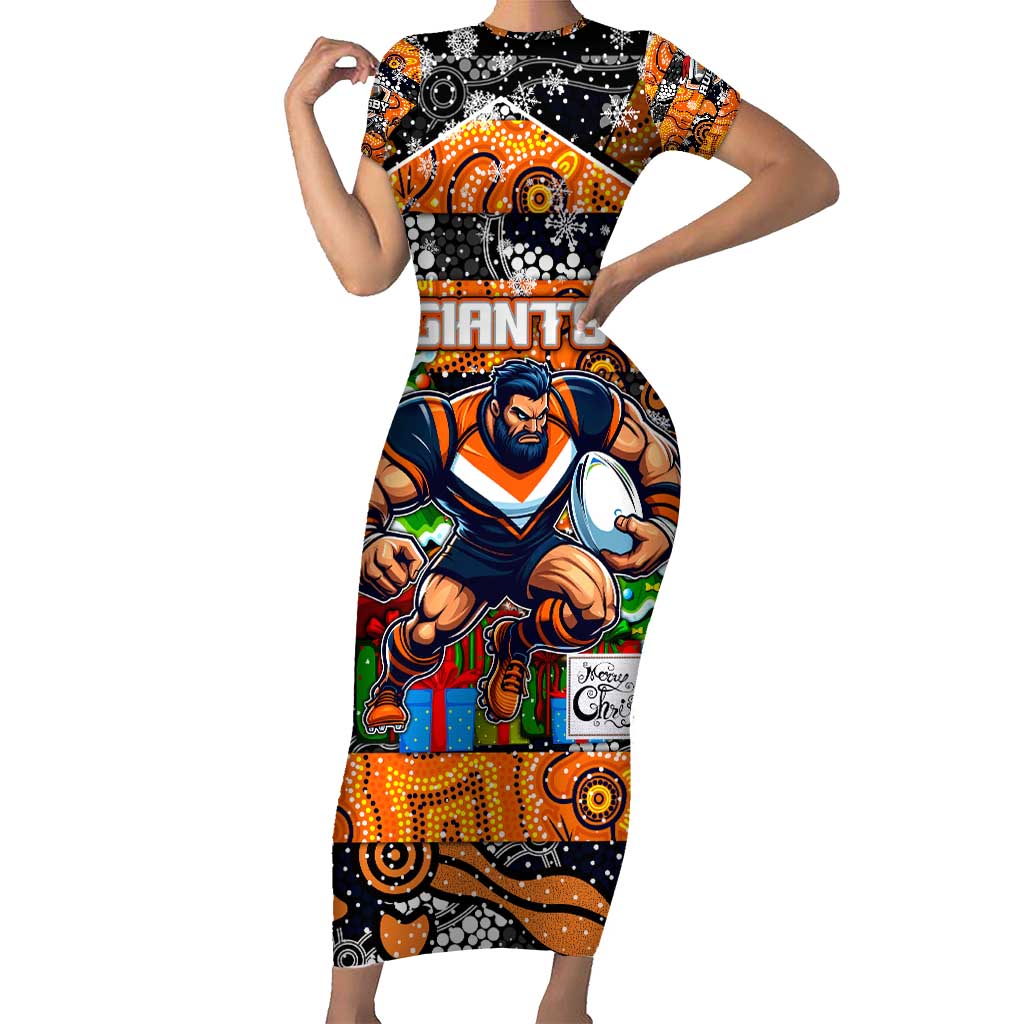 Custom Giants Rugby Merry Christmas Family Matching Short Sleeve Bodycon Dress and Hawaiian Shirt Indigenous Australian Art