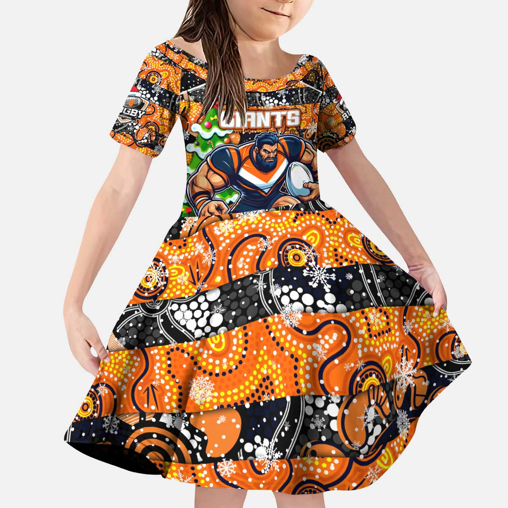 Custom Giants Rugby Merry Christmas Kid Short Sleeve Dress Indigenous Australian Art