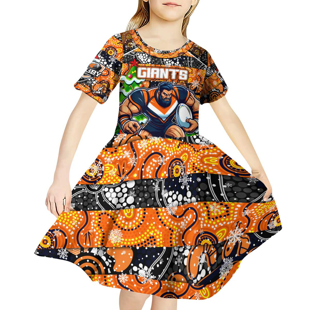 Custom Giants Rugby Merry Christmas Kid Short Sleeve Dress Indigenous Australian Art