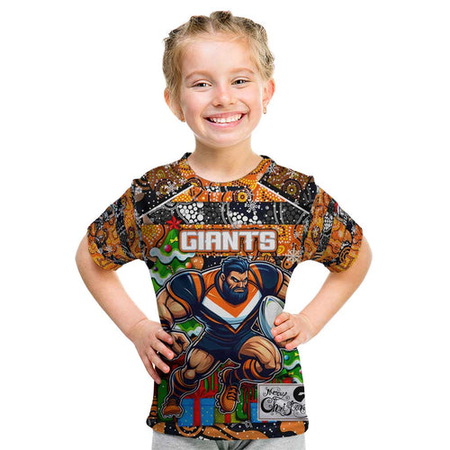 Custom Giants Rugby Merry Christmas Kid T Shirt Indigenous Australian Art