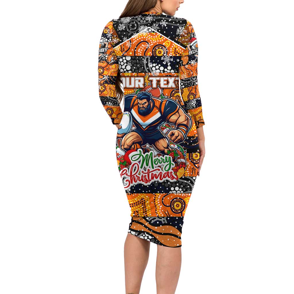 Custom Giants Rugby Merry Christmas Long Sleeve Bodycon Dress Indigenous Australian Art