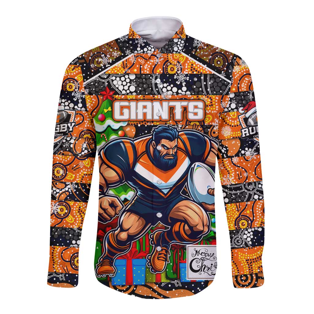 Custom Giants Rugby Merry Christmas Long Sleeve Button Shirt Indigenous Australian Art