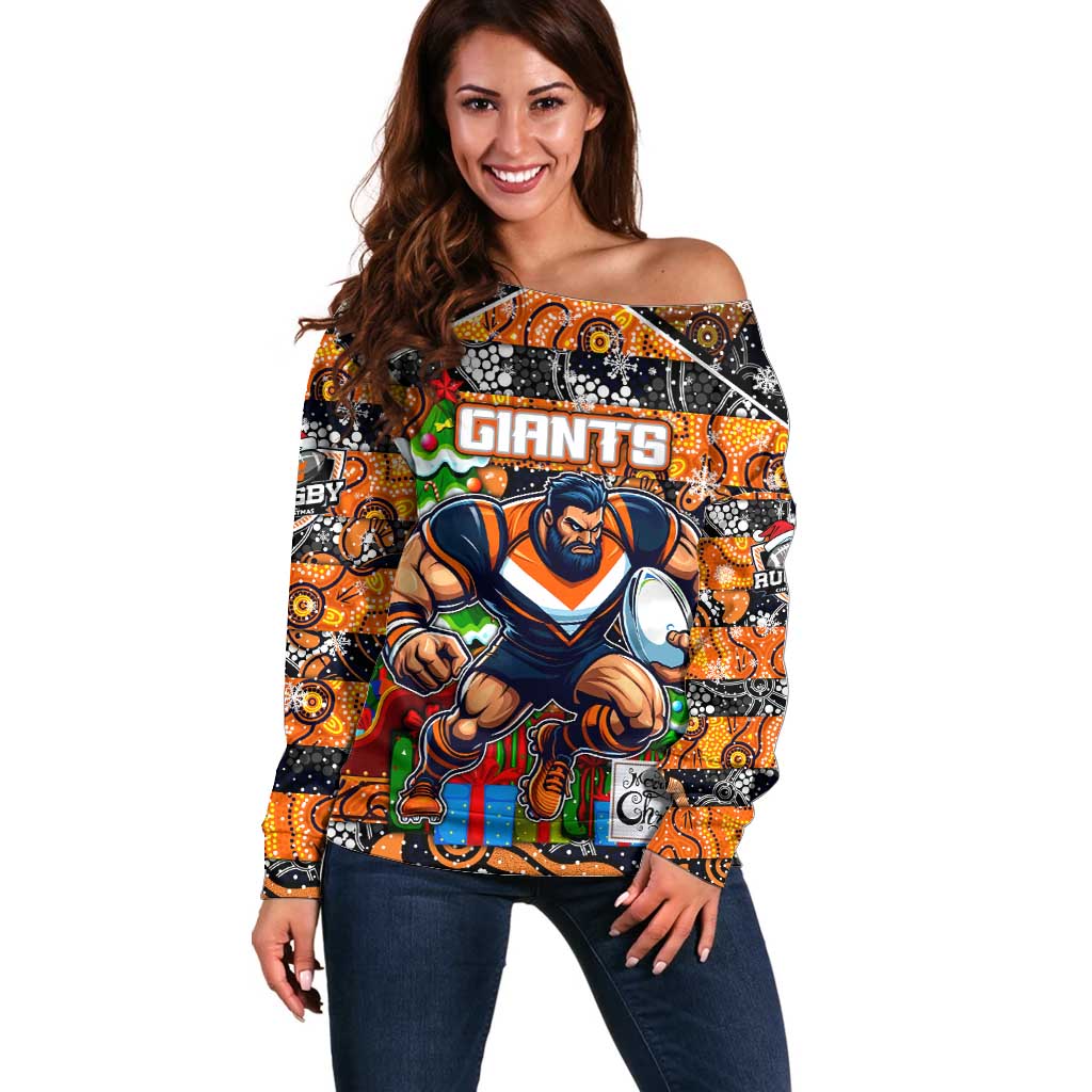 Custom Giants Rugby Merry Christmas Off Shoulder Sweater Indigenous Australian Art