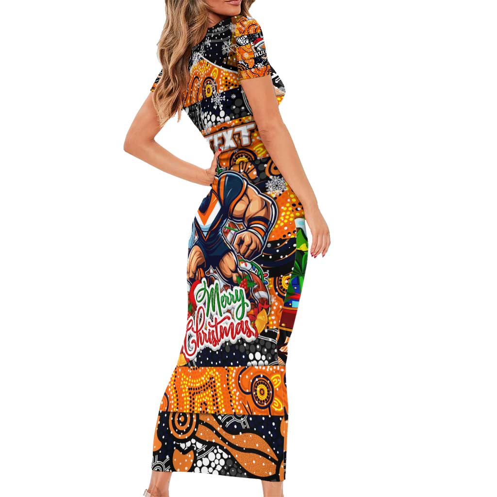 Custom Giants Rugby Merry Christmas Short Sleeve Bodycon Dress Indigenous Australian Art