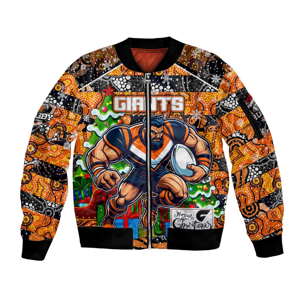 Custom Giants Rugby Merry Christmas Sleeve Zip Bomber Jacket Indigenous Australian Art