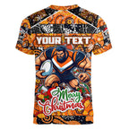 Custom Giants Rugby Merry Christmas Women V-Neck T-Shirt Indigenous Australian Art