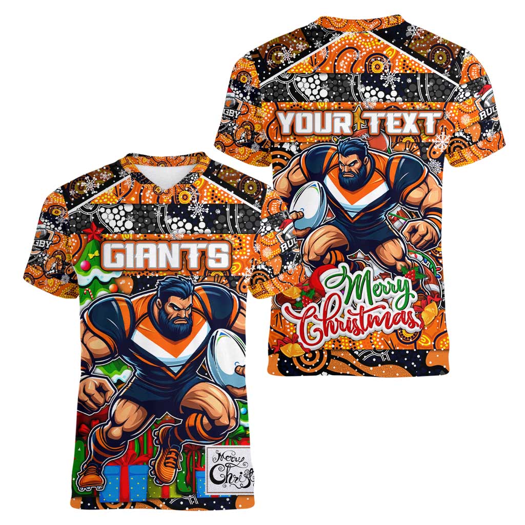 Custom Giants Rugby Merry Christmas Women V-Neck T-Shirt Indigenous Australian Art