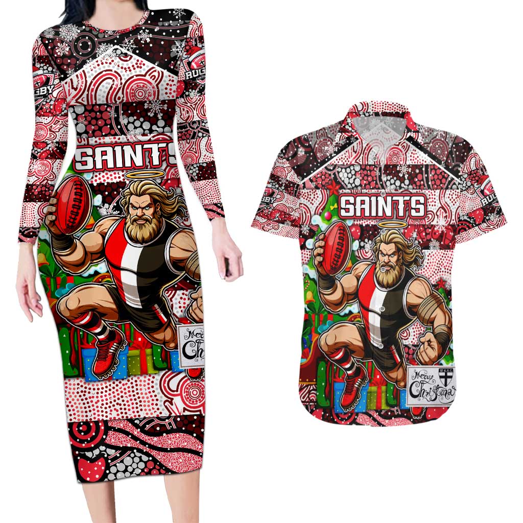 Custom Saints Rugby Merry Christmas Couples Matching Long Sleeve Bodycon Dress and Hawaiian Shirt Indigenous Australian Art