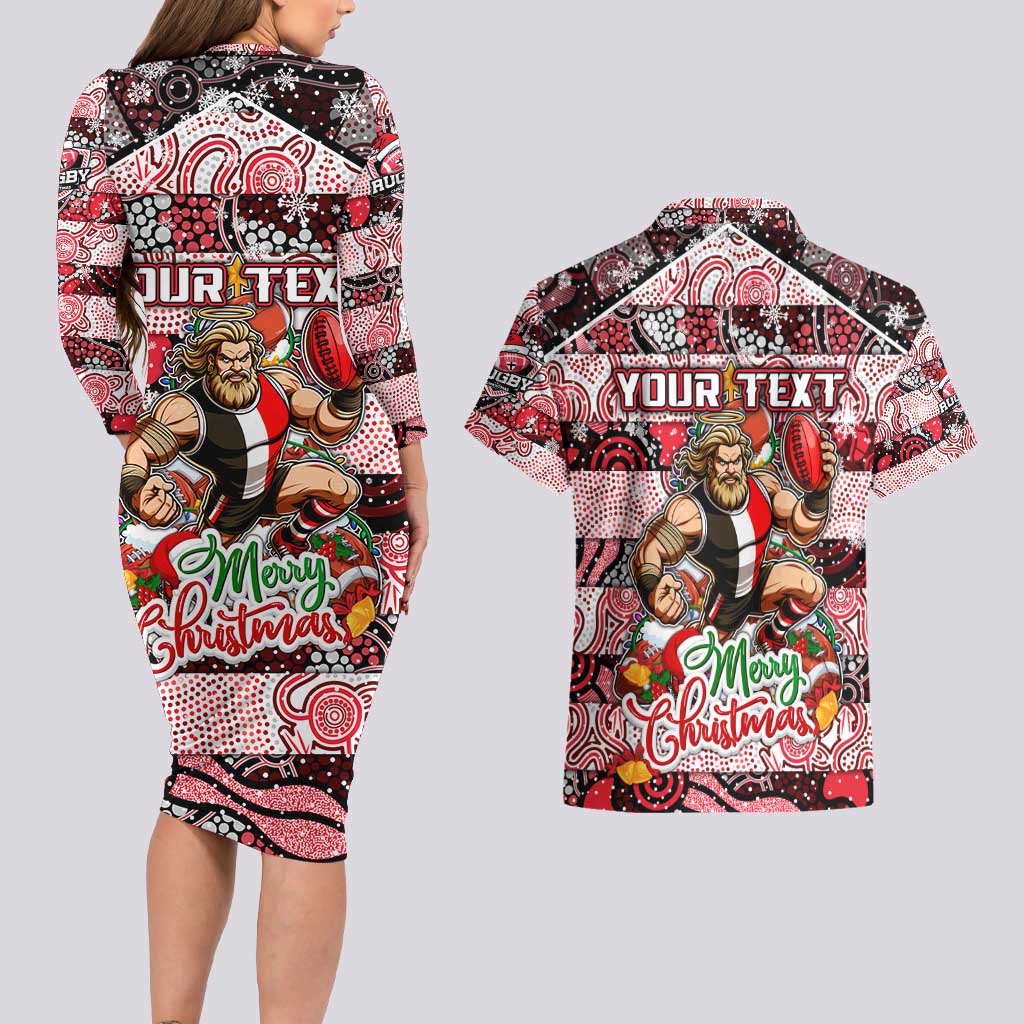 Custom Saints Rugby Merry Christmas Couples Matching Long Sleeve Bodycon Dress and Hawaiian Shirt Indigenous Australian Art