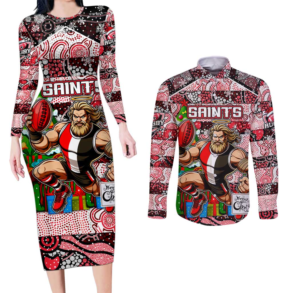 Custom Saints Rugby Merry Christmas Couples Matching Long Sleeve Bodycon Dress and Long Sleeve Button Shirt Indigenous Australian Art