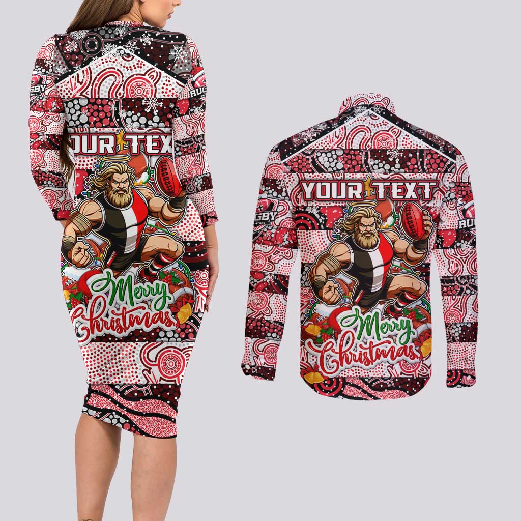 Custom Saints Rugby Merry Christmas Couples Matching Long Sleeve Bodycon Dress and Long Sleeve Button Shirt Indigenous Australian Art