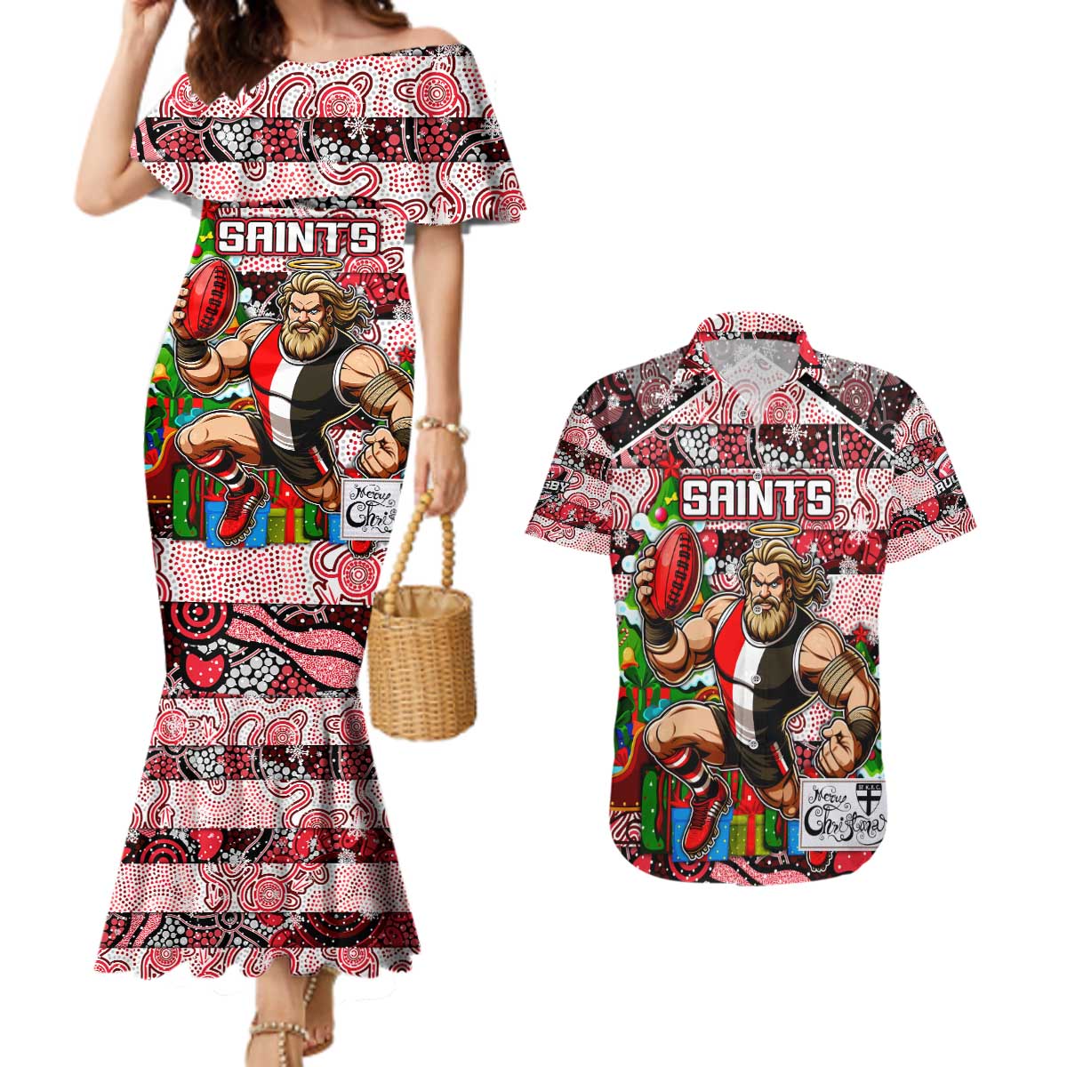 Custom Saints Rugby Merry Christmas Couples Matching Mermaid Dress and Hawaiian Shirt Indigenous Australian Art