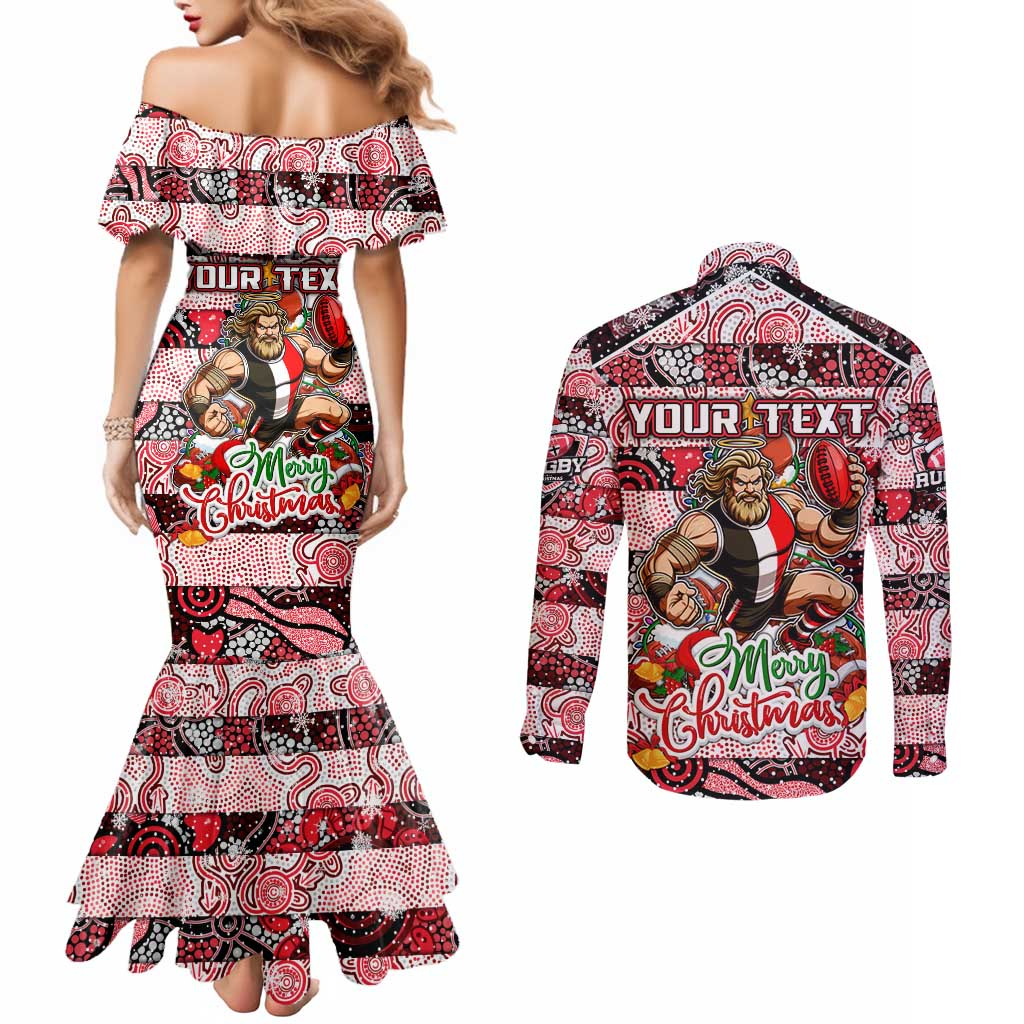 Custom Saints Rugby Merry Christmas Couples Matching Mermaid Dress and Long Sleeve Button Shirt Indigenous Australian Art