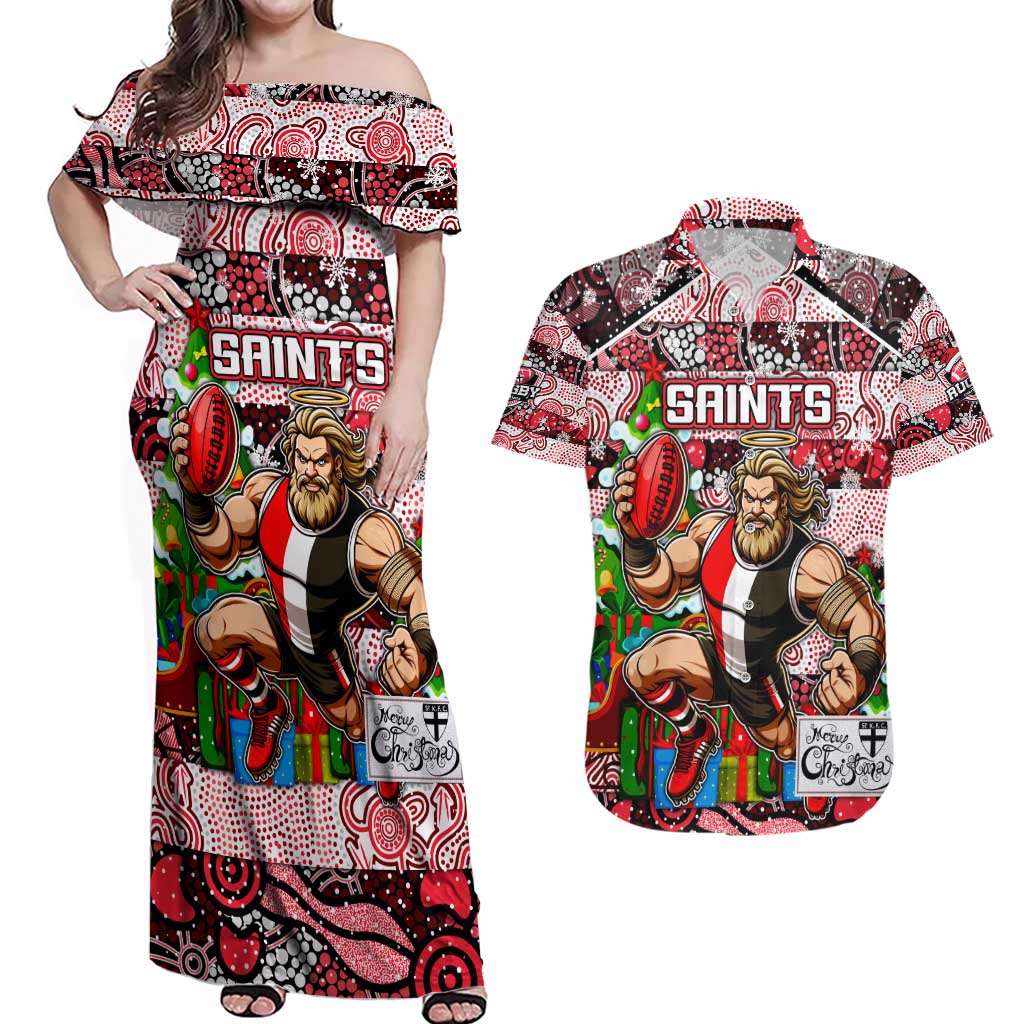 Custom Saints Rugby Merry Christmas Couples Matching Off Shoulder Maxi Dress and Hawaiian Shirt Indigenous Australian Art
