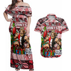 Custom Saints Rugby Merry Christmas Couples Matching Off Shoulder Maxi Dress and Hawaiian Shirt Indigenous Australian Art
