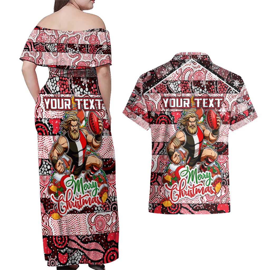 Custom Saints Rugby Merry Christmas Couples Matching Off Shoulder Maxi Dress and Hawaiian Shirt Indigenous Australian Art