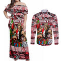 Custom Saints Rugby Merry Christmas Couples Matching Off Shoulder Maxi Dress and Long Sleeve Button Shirt Indigenous Australian Art