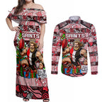 Custom Saints Rugby Merry Christmas Couples Matching Off Shoulder Maxi Dress and Long Sleeve Button Shirt Indigenous Australian Art