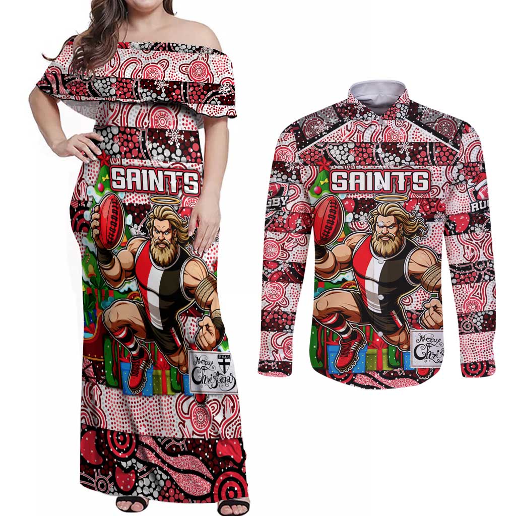 Custom Saints Rugby Merry Christmas Couples Matching Off Shoulder Maxi Dress and Long Sleeve Button Shirt Indigenous Australian Art