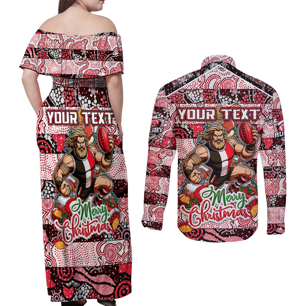 Custom Saints Rugby Merry Christmas Couples Matching Off Shoulder Maxi Dress and Long Sleeve Button Shirt Indigenous Australian Art