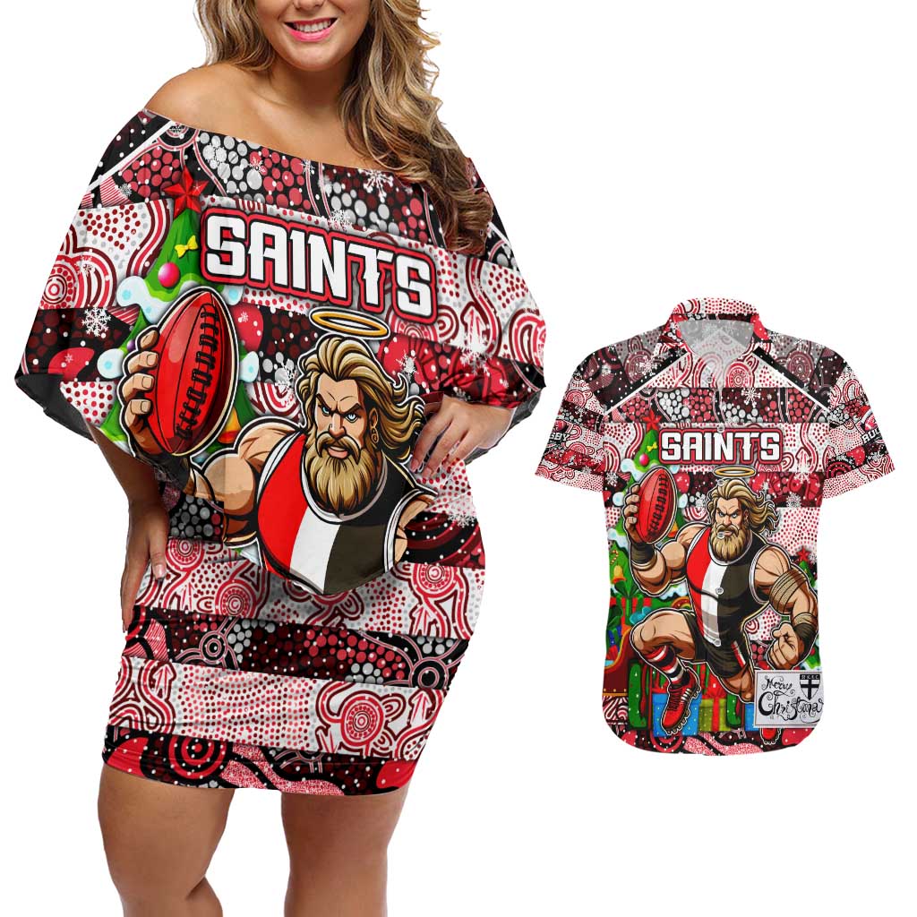 Custom Saints Rugby Merry Christmas Couples Matching Off Shoulder Short Dress and Hawaiian Shirt Indigenous Australian Art