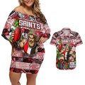 Custom Saints Rugby Merry Christmas Couples Matching Off Shoulder Short Dress and Hawaiian Shirt Indigenous Australian Art