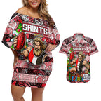 Custom Saints Rugby Merry Christmas Couples Matching Off Shoulder Short Dress and Hawaiian Shirt Indigenous Australian Art