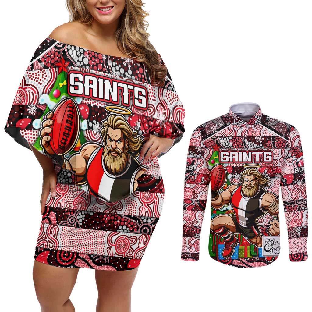 Custom Saints Rugby Merry Christmas Couples Matching Off Shoulder Short Dress and Long Sleeve Button Shirt Indigenous Australian Art