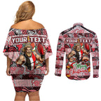 Custom Saints Rugby Merry Christmas Couples Matching Off Shoulder Short Dress and Long Sleeve Button Shirt Indigenous Australian Art