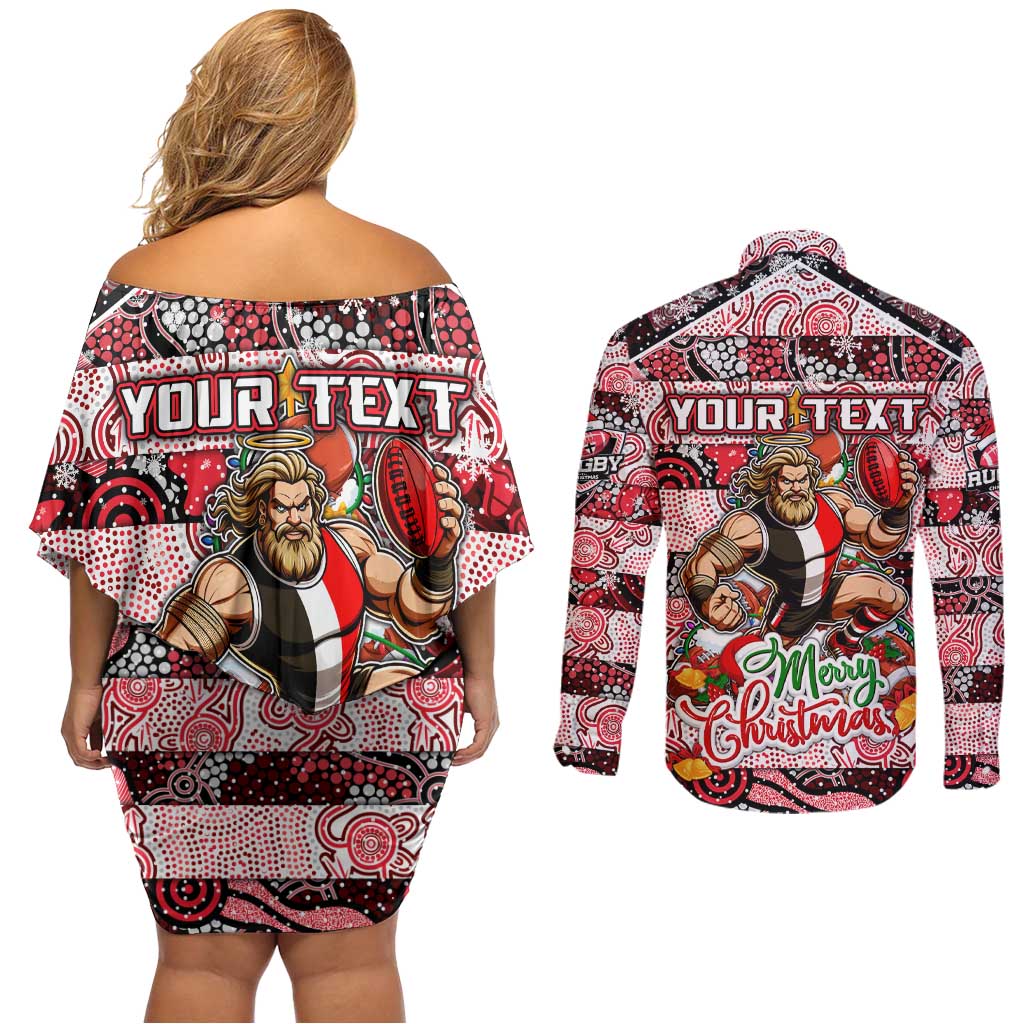 Custom Saints Rugby Merry Christmas Couples Matching Off Shoulder Short Dress and Long Sleeve Button Shirt Indigenous Australian Art