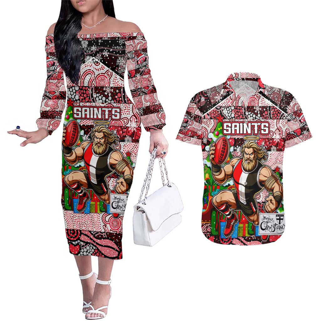 Custom Saints Rugby Merry Christmas Couples Matching Off The Shoulder Long Sleeve Dress and Hawaiian Shirt Indigenous Australian Art