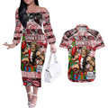 Custom Saints Rugby Merry Christmas Couples Matching Off The Shoulder Long Sleeve Dress and Hawaiian Shirt Indigenous Australian Art