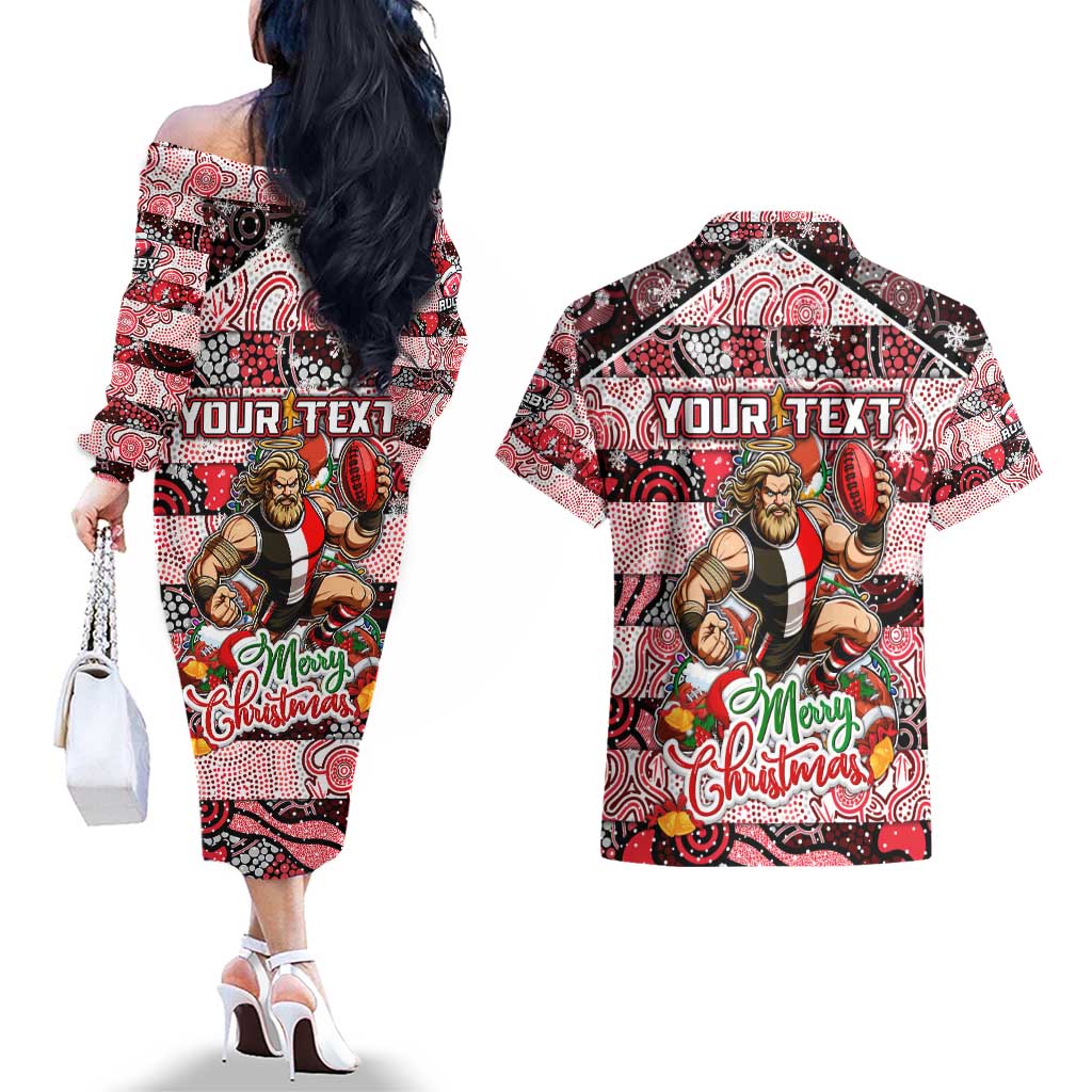 Custom Saints Rugby Merry Christmas Couples Matching Off The Shoulder Long Sleeve Dress and Hawaiian Shirt Indigenous Australian Art