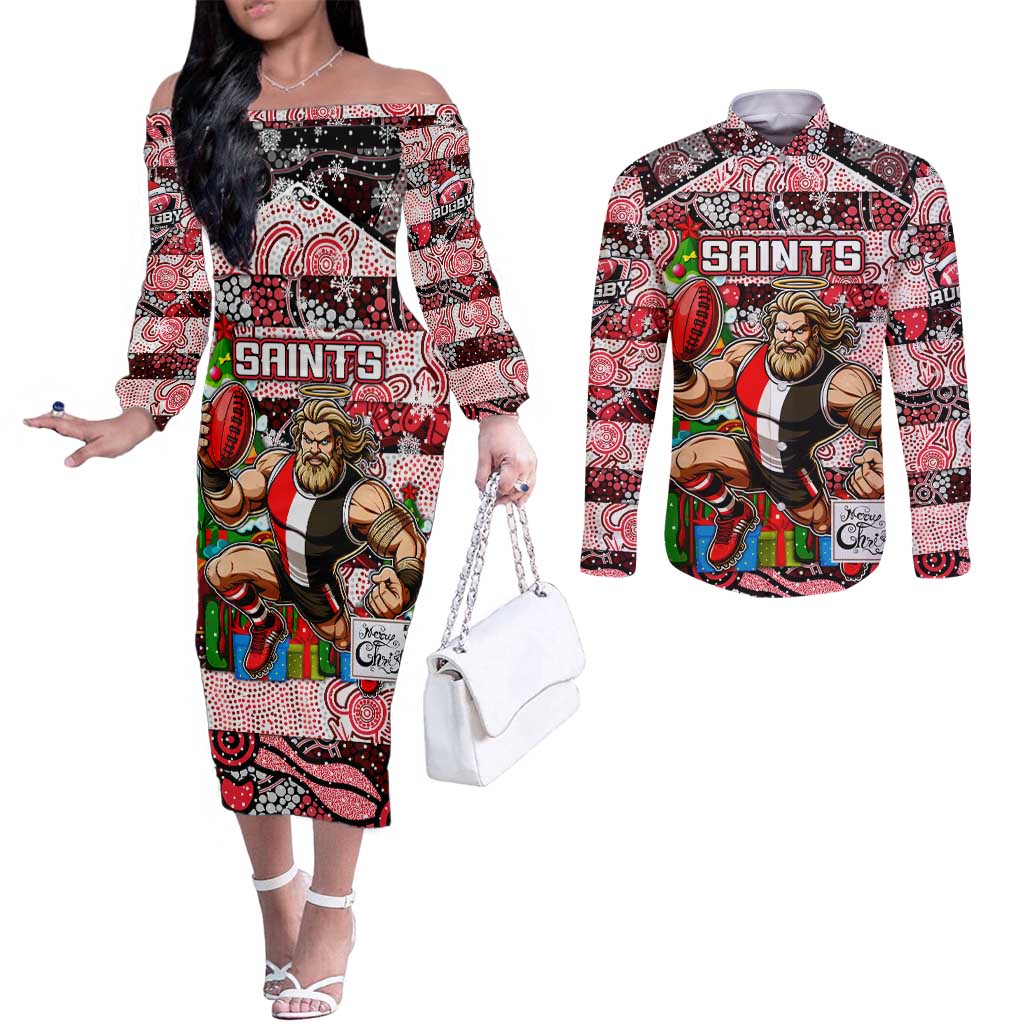 Custom Saints Rugby Merry Christmas Couples Matching Off The Shoulder Long Sleeve Dress and Long Sleeve Button Shirt Indigenous Australian Art