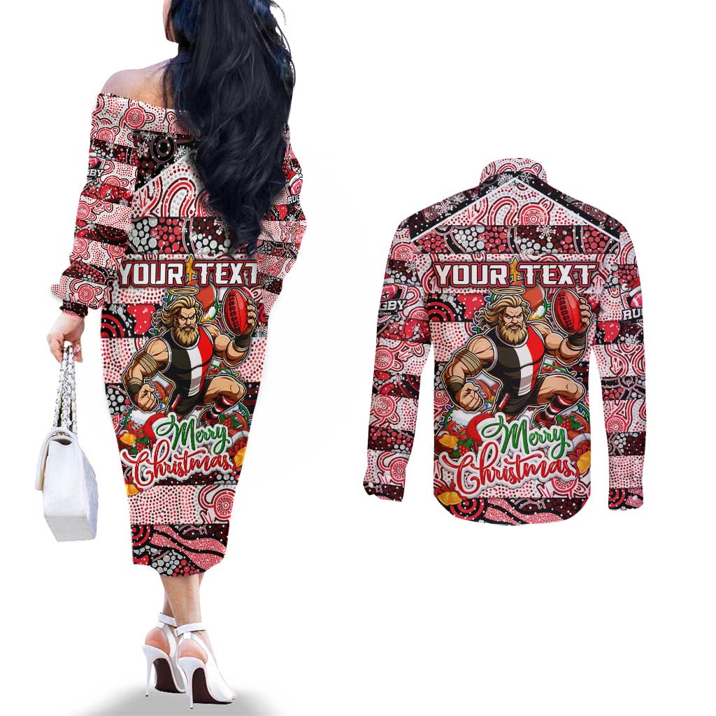 Custom Saints Rugby Merry Christmas Couples Matching Off The Shoulder Long Sleeve Dress and Long Sleeve Button Shirt Indigenous Australian Art