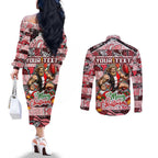 Custom Saints Rugby Merry Christmas Couples Matching Off The Shoulder Long Sleeve Dress and Long Sleeve Button Shirt Indigenous Australian Art